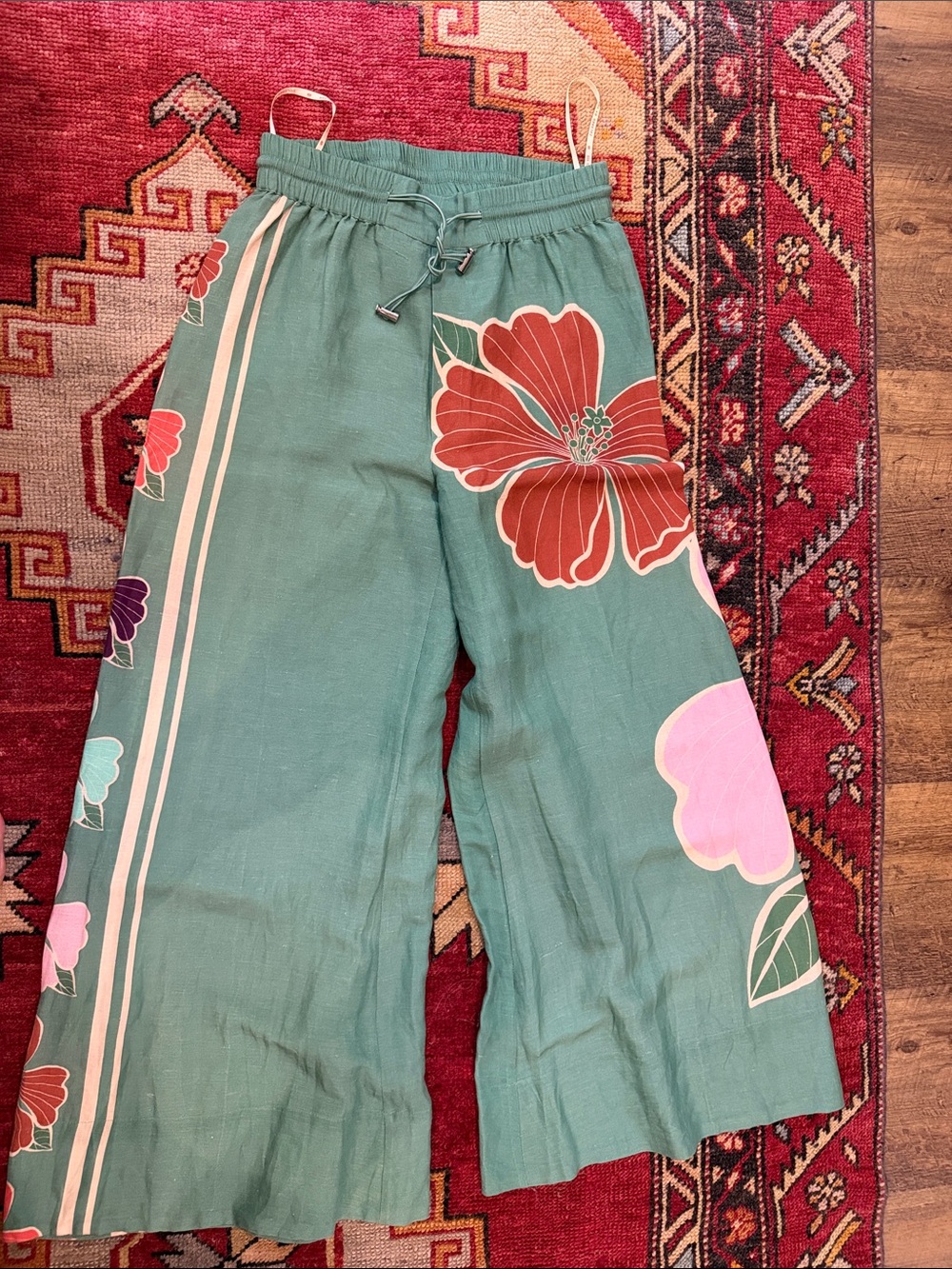 FARM Rio Teal Green Wide-Leg Floral Pants